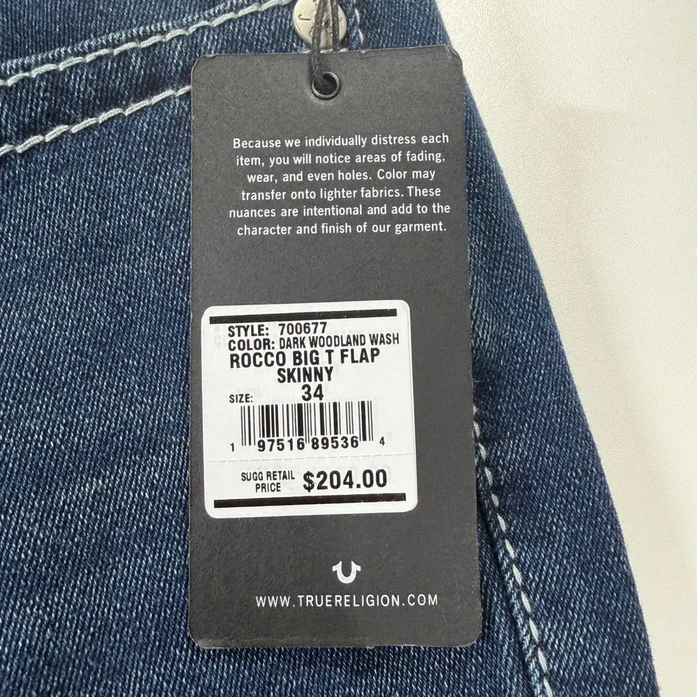 True Religion Rocco Mens Size 34 Dark Woodland Wash Big T Flap Skinny Jeans